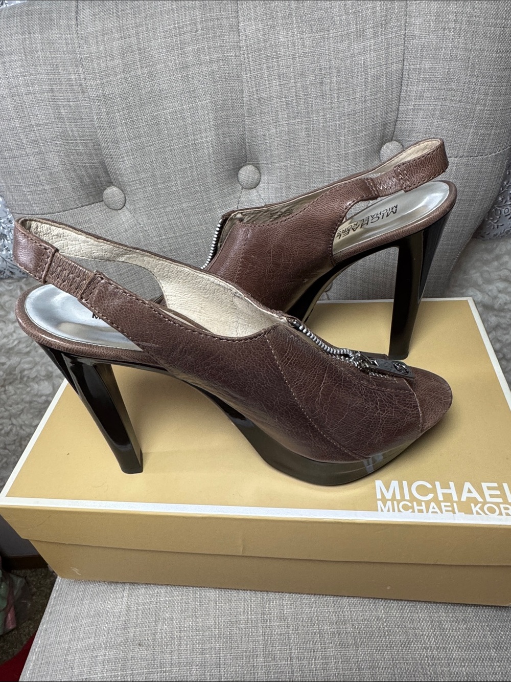 MICHAEL Michael Kors Brown Leather Peep-Toe Slingback Heel